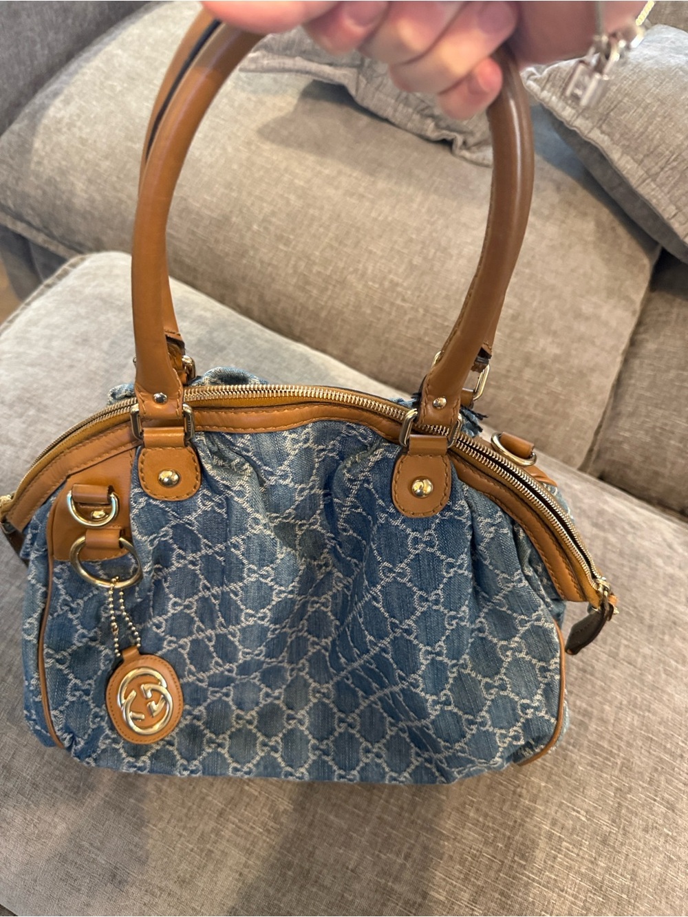 Authentic Gucci Blue Denim Sukey Bag with Tan Leather Trim and Gold Hardware